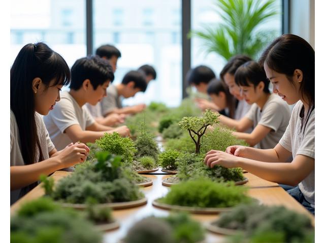 Students excitedly collaborating on a miniature garden project in a bright, modern workshop at Glavetheronia's Tokyo studio, showcasing community engagement.