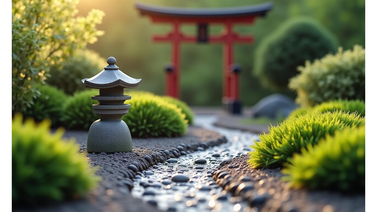 A finely crafted miniature Japanese garden with a miniature torii gate, stone lantern, and raked gravel, embodying Glavetheronia's blend of tradition and artistry.