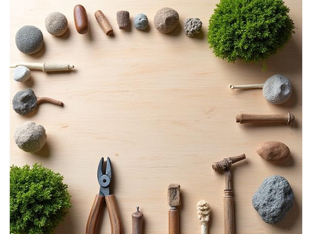 A display showcasing various miniature tools and natural materials used in traditional Japanese garden models, highlighting Glavetheronia's meticulous sourcing and authenticity.