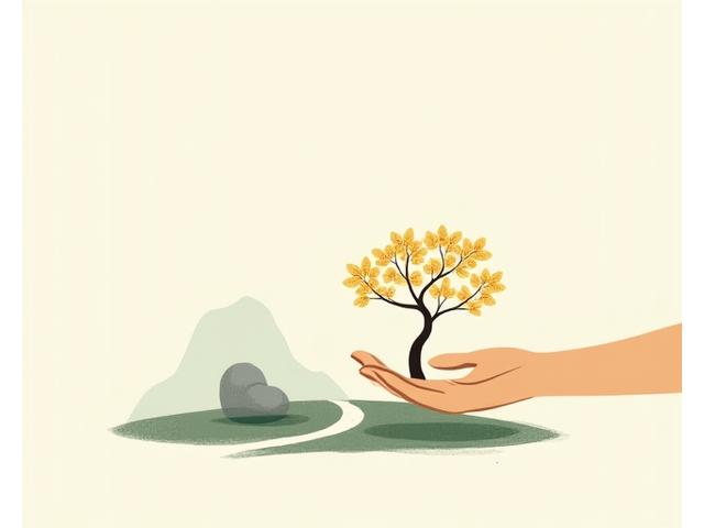An abstract yet serene illustration of a hand gently tending to a miniature tree within a simplified Japanese landscape, symbolizing growth, care, and the balance of tradition and innovation.