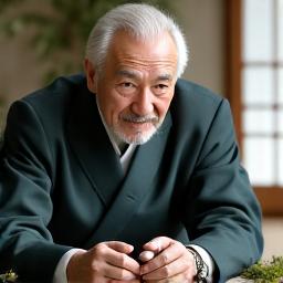 Pensive Hideki Tanaka, an expert in traditional Japanese garden principles, demonstrating miniature landscaping with natural materials.
