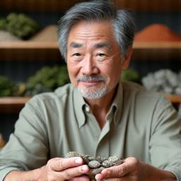 Kenji Ishida, a materials sourcing specialist, meticulously examining small, natural elements for miniature garden use in his workshop.