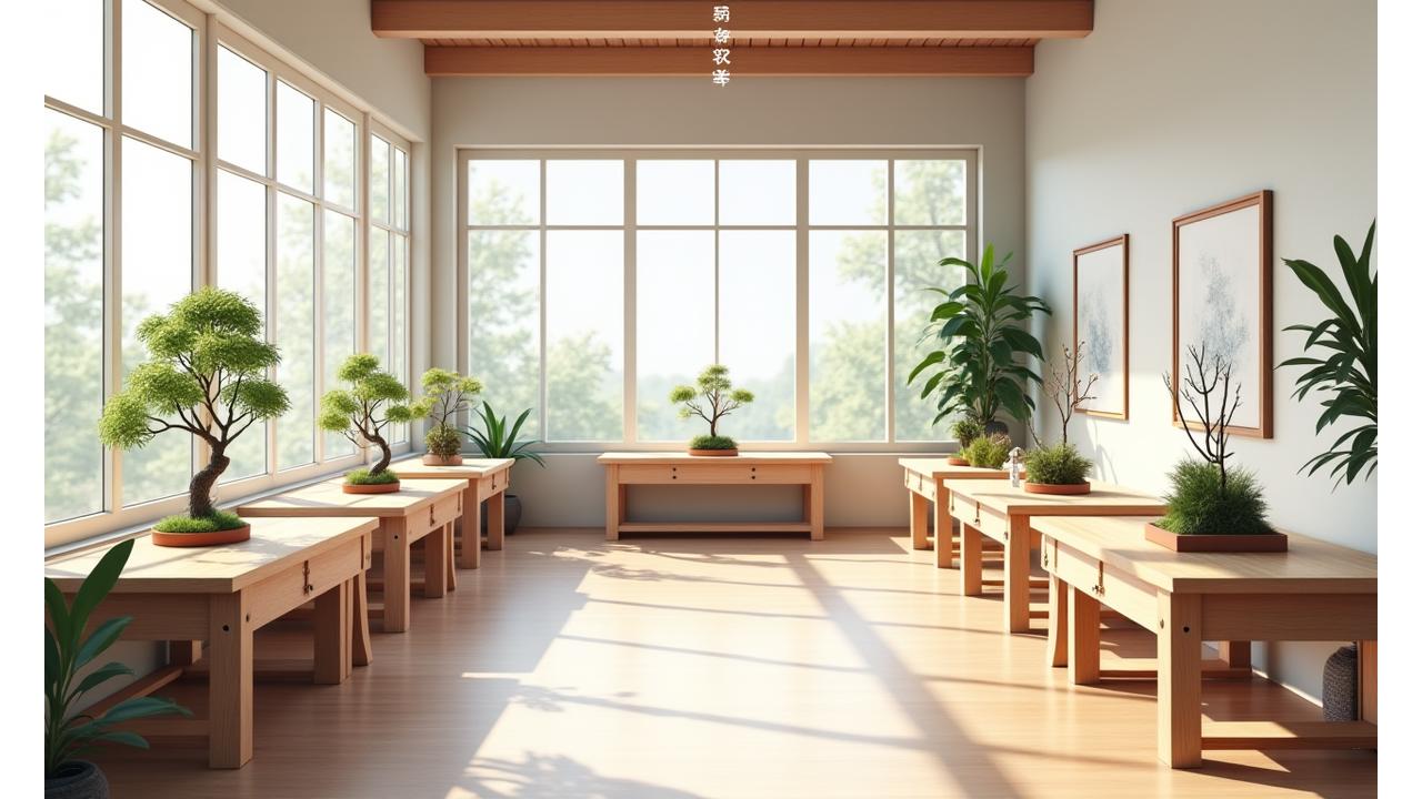 A clean, well-lit interior of Glavetheronia's Tokyo studio, featuring individual workstations with miniature tools, natural light, and subtle Japanese decor elements.