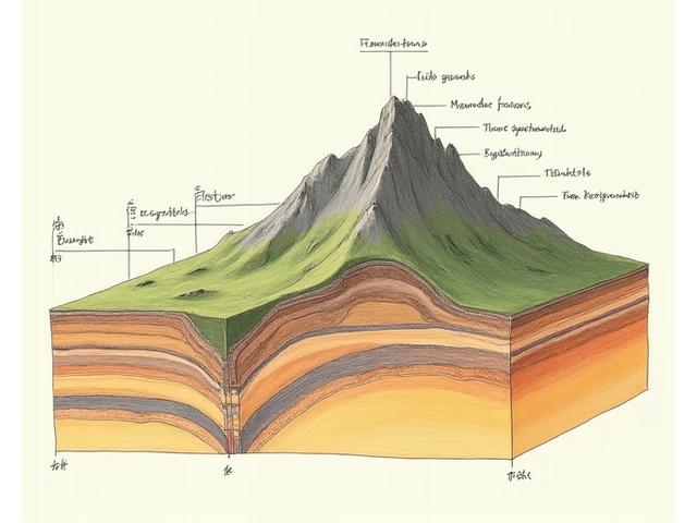 Detailed geological cross-section diagram showing layers of rock formations, fault lines, and erosion patterns, rendered with artistic precision.