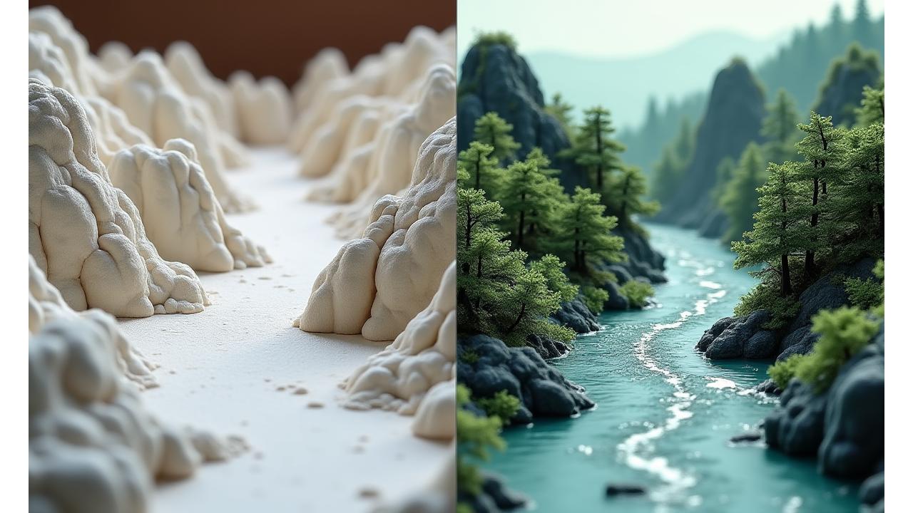 Before and after comparison of a terrain model, demonstrating the transformation from a basic form to a highly detailed, realistic landscape.