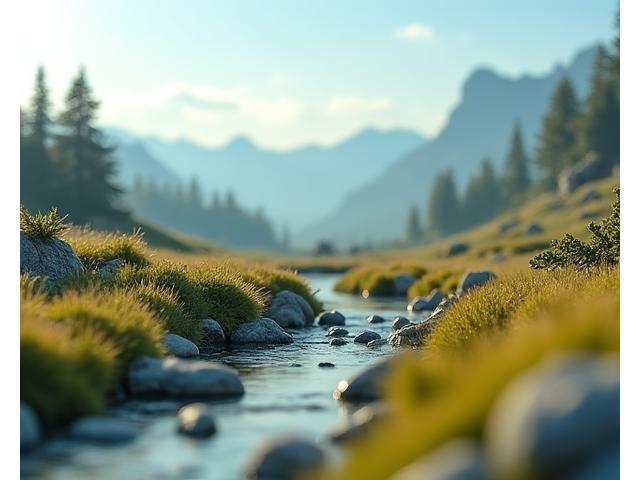 A finely painted miniature terrain model showcasing atmospheric perspective, subtle washes, and dry-brushed highlights, emphasizing depth and realism.