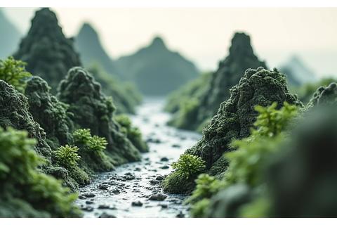 A stunning student-created miniature mountain landscape with intricate geological details and realistic vegetation, photographed professionally.