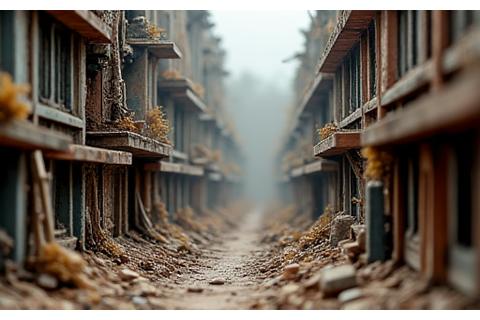 A diorama created by a Glavetheronia student, featuring a complex urban ruin scene with detailed weathering and atmospheric effects.