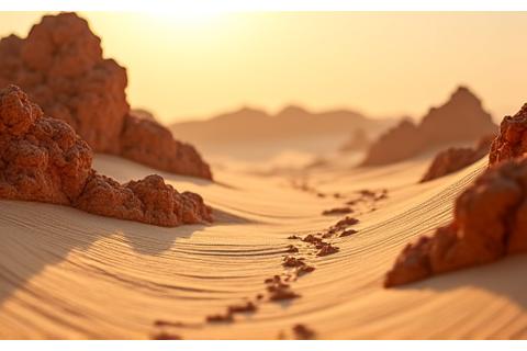 A realistic miniature desert landscape showcasing advanced texture work on sand dunes and rock formations, with a subtle heat haze effect.