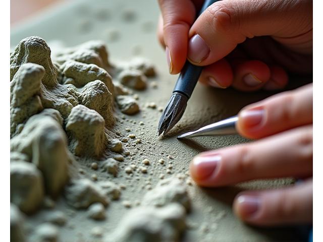 Close-up of hands expertly using professional sculpting tools to create intricate details on a miniature terrain model.