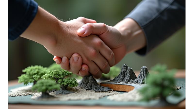 A subtle and artistic depiction of two hands delicately joining over a miniature landscape, symbolizing partnership and collaboration.