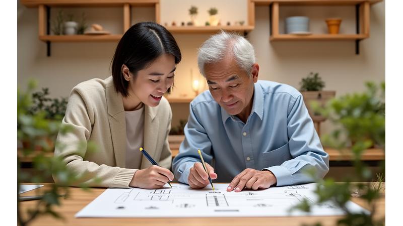 Two individuals discussing miniature garden plans over a table with tools and small plants, symbolizing personalized consultation.