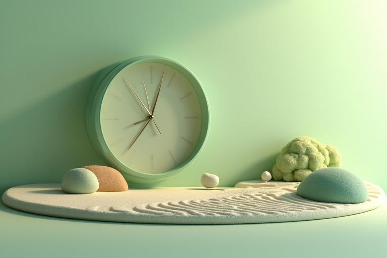 Stylized clock face depicting a 24-hour cycle, superimposed over a calm, zen garden, emphasizing prompt customer service.