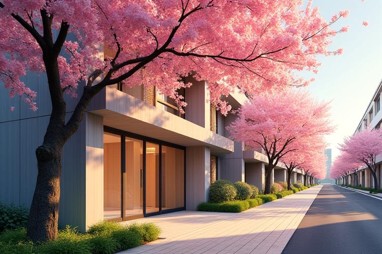Exterior view of Glavetheronia studio in Tokyo, blending modern design with traditional Japanese architectural elements, with cherry blossoms lining the street.