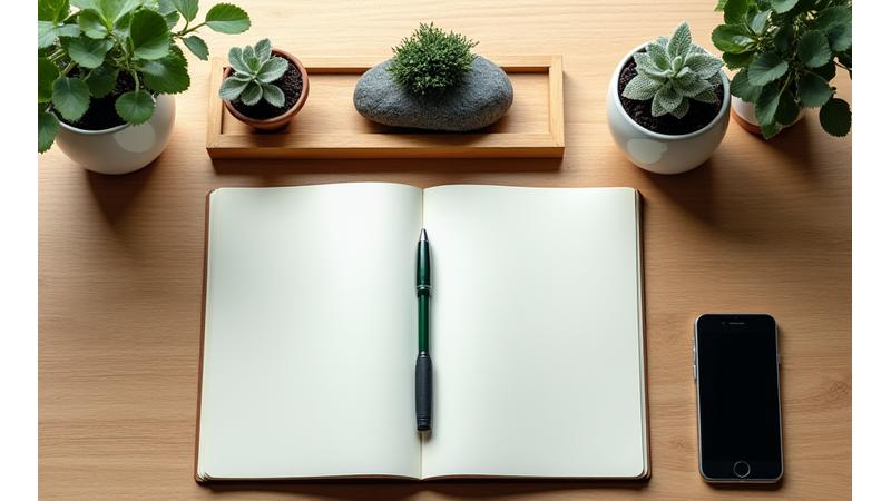 Zen-inspired desk with a miniature garden, open notebook, and phone, symbolizing multiple contact methods.