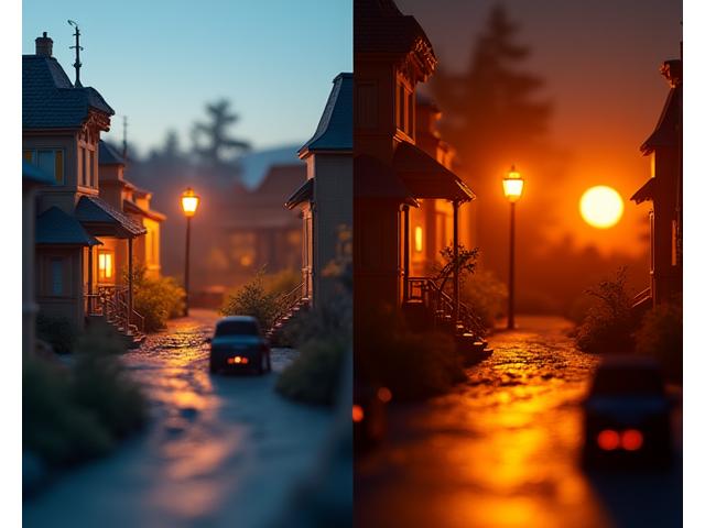 Before-and-after image of the same diorama dramatically changed by different lighting settings. The left shows flat daylight, while the right features warm, dramatic lighting simulating a sunset, with enhanced shadows.