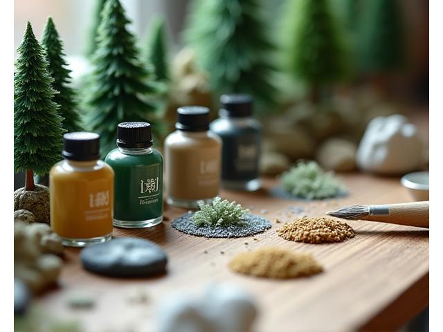 Close-up of a workbench with various materials used for diorama creation neatly arranged, including colorful paint bottles, brushes, clay, wood fragments, and gravel.