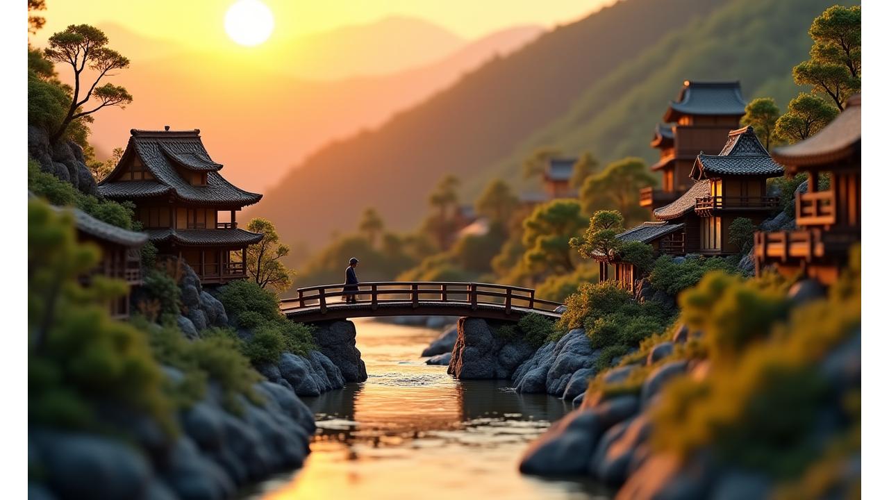 A close-up of a story-rich diorama. It shows a precisely recreated Japanese mountain village, with the evening sun lighting up thatched-roof houses and a small figure crossing a bridge, conveying emotion and detail.