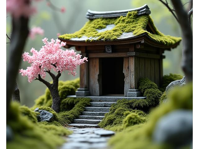Student work: A diorama of a ruined Japanese temple. Moss and vines are intertwined, evoking the passage of time and the power of nature.