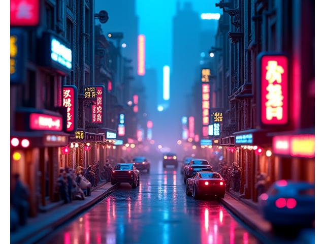 Student work: A diorama of a back alley in a futuristic city. A cyberpunk atmosphere with glowing neon signs and reflections on the rain-slicked pavement.