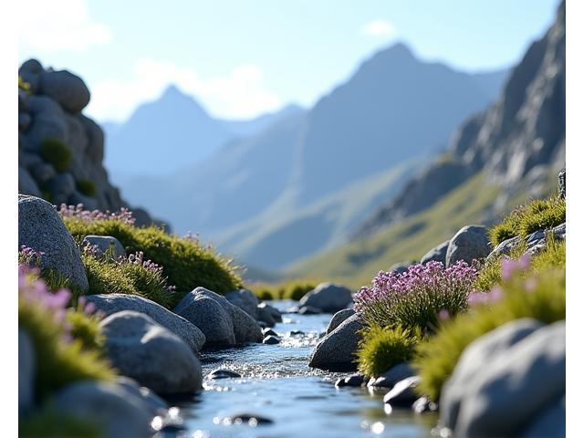 Student work: A diorama of a rugged rocky mountain with alpine plants in full bloom and a clear stream flowing between them. Snow-capped mountains are visible in the distance.
