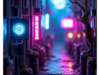 A sci-fi diorama featuring a futuristic space station and alien creatures. A bluish light spreads across the scene, with intricate machinery and strange plants crafted in detail.