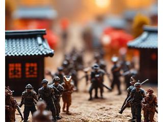 A historical diorama meticulously recreating a battle scene from Japan's Warring States period. Samurai and horses are dynamically positioned, and dust clouds and destroyed buildings are realistically depicted.