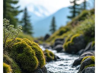 A natural diorama recreating a realistic forest scene. Mossy rocks, small plants, a flowing stream, and animal miniatures are arranged to create a quiet and serene atmosphere.