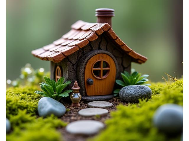 A close-up of an intricately crafted miniature fairy house with a natural wood roof, tiny windows, and a delicate miniature lantern, nestled among moss and pebbles.