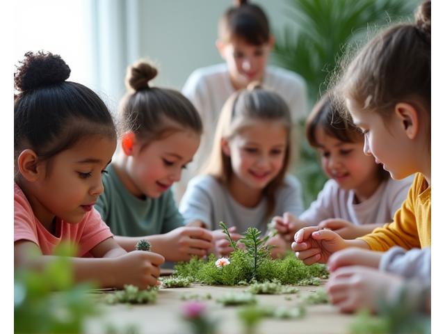 A diverse group of children engrossed in making a fairy garden, demonstrating fine motor skills, collaboration, and imaginative play, with an instructor gently guiding them.