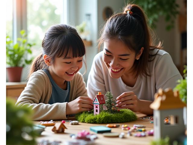 A family, including children and parents, joyfully building a fairy garden together in a bright, inviting workshop space, with miniature tools and colorful materials spread out.