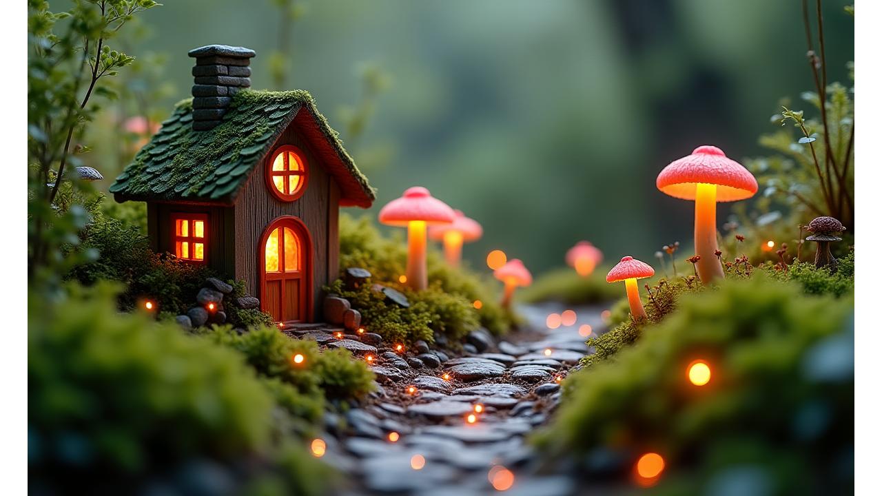 A glowing miniature fairy garden scene with a tiny cottage, luminous mushrooms, and a whimsical path, surrounded by lush moss and miniature ferns, suggesting magic and wonder.