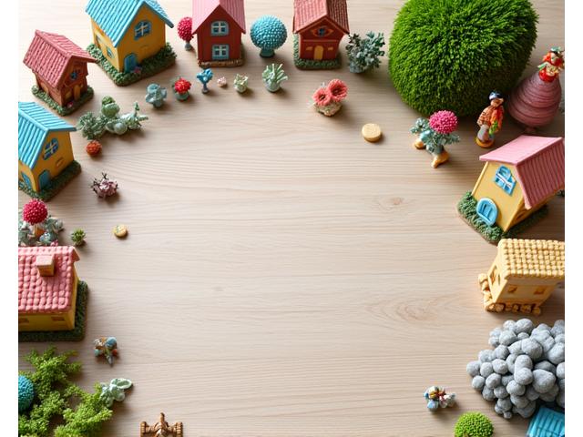 An array of safe, non-toxic fairy garden materials on a craft table, including miniature ceramic houses, tiny wooden fences, colorful pebbles, preserved moss, and small gardening tools.