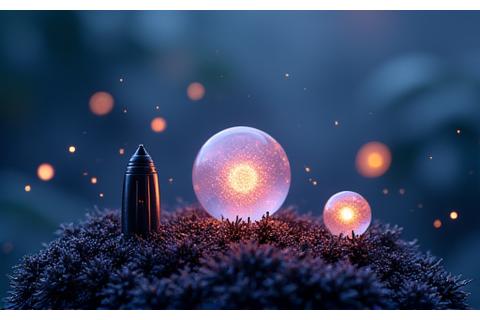 An ethereal, cosmic-themed miniature garden with tiny glowing planets, stardust, and a whimsical rocket ship among dark, sparkling foliage.