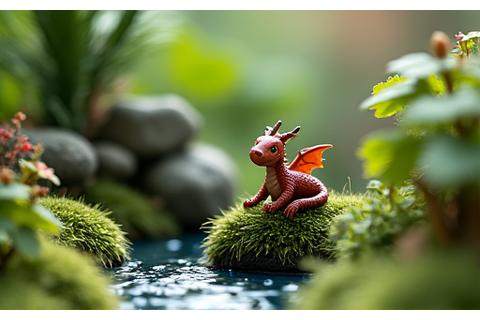 A whimsical miniature garden featuring a tiny dragon figurine perched on a mossy rock overlooking a shimmering pond, with fantastical plants.