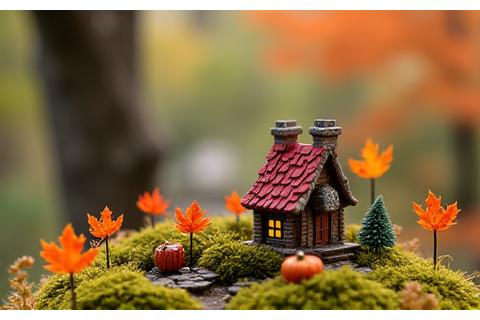 A miniature fairy garden representing autumn, with tiny orange and red leaves, miniature pumpkins, and a cozy fairy dwelling.