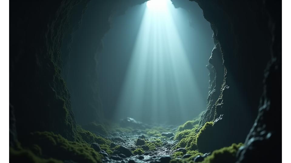 A miniature scene depicting a crypt or dungeon with a single, dramatic beam of light cutting through smoke, creating stark shadows and a mysterious atmosphere.