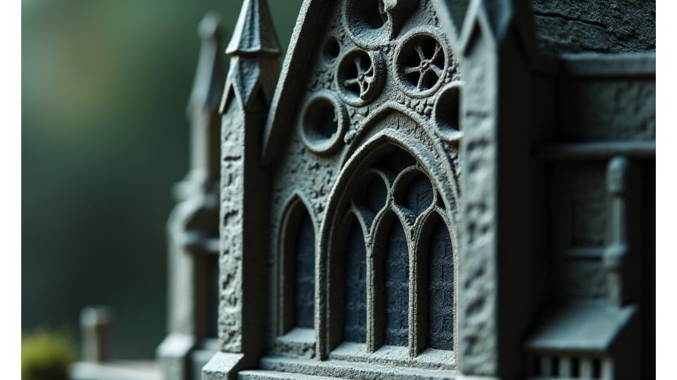 A detailed miniature representation of a gothic chapel facade, illustrating typical architectural elements and heavy shadows, with hints of dark red and muted gold.