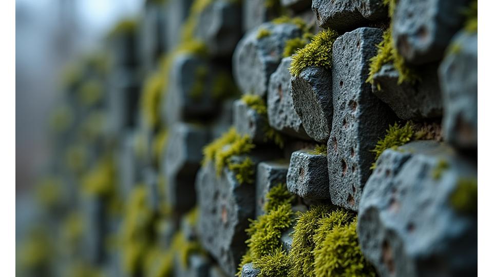 A close-up of miniature weathered stone walls with creeping moss and rust stains, showcasing realistic aging techniques in a dark, moody setting.