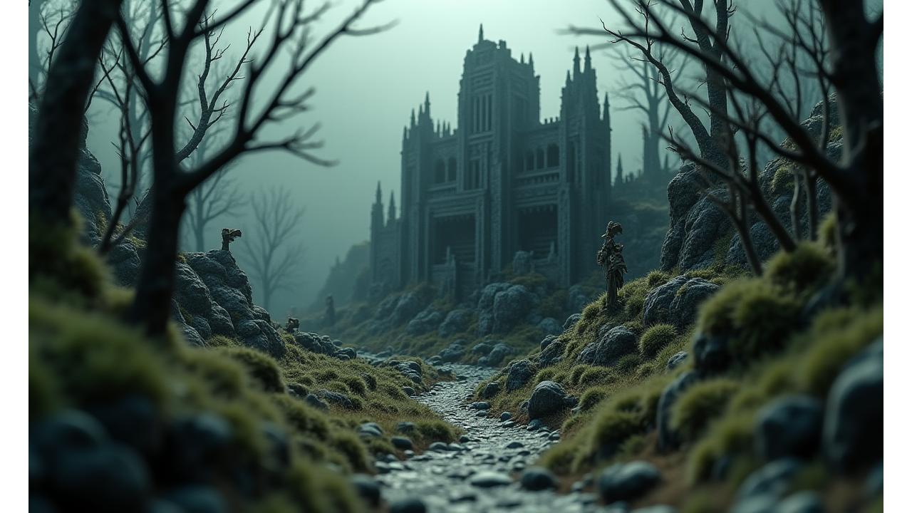 An intricately detailed gothic miniature diorama featuring a ruined castle, skeletal trees, and dramatic, moody lighting with deep shadows.