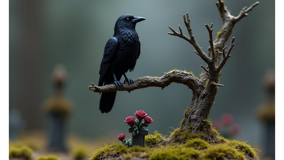 A miniature raven perched on a miniature skeletal tree branch, overlooking a small, mossy cemetery, evoking classic gothic symbolism.