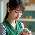 Portrait of Akari Fujimoto, a younger Japanese woman with a focused and creative demeanor, holding a miniature sculpt.