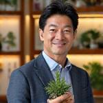 Portrait of Kenji Yamamoto, a middle-aged Japanese man with an approachable smile, next to miniature plants.
