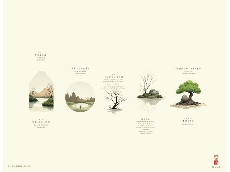 Detailed infographic illustrating five key Japanese garden design principles: Shakkei (Borrowed Scenery), Karesansui (Dry Landscape), Fūryū (Tastefulness), Wabi-Sabi, and Asymmetry, with calligraphic text.