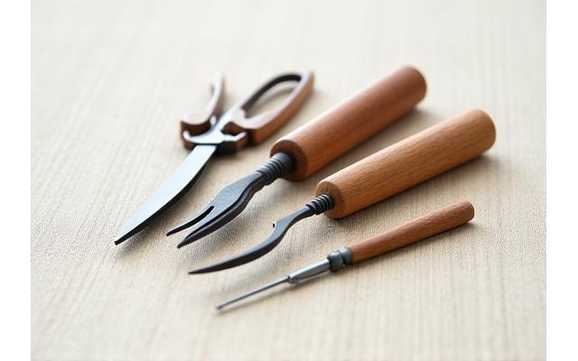 Set of finely crafted, small Japanese bonsai pruning tools, made of high-quality steel.