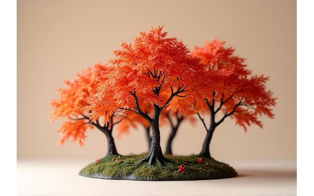 Exquisitely detailed miniature Japanese maple tree models with autumnal red leaves.