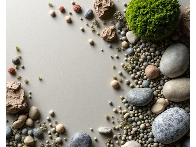 Collection of diverse natural materials like fine sands, miniature trees, and tiny stones arranged aesthetically