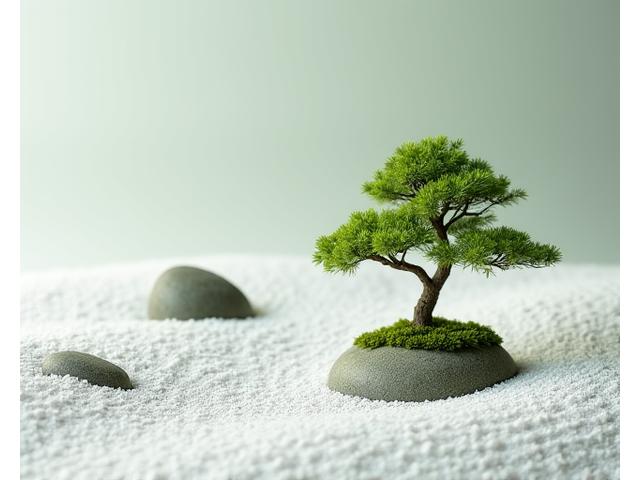 Precisely crafted miniature Japanese garden with raked gravel and tiny plants