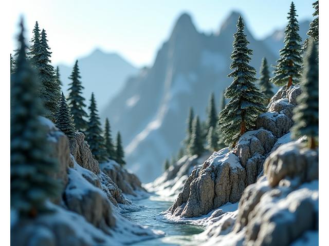 Realistic miniature mountain landscape model with finely detailed rocks and trees, showing advanced sculpting