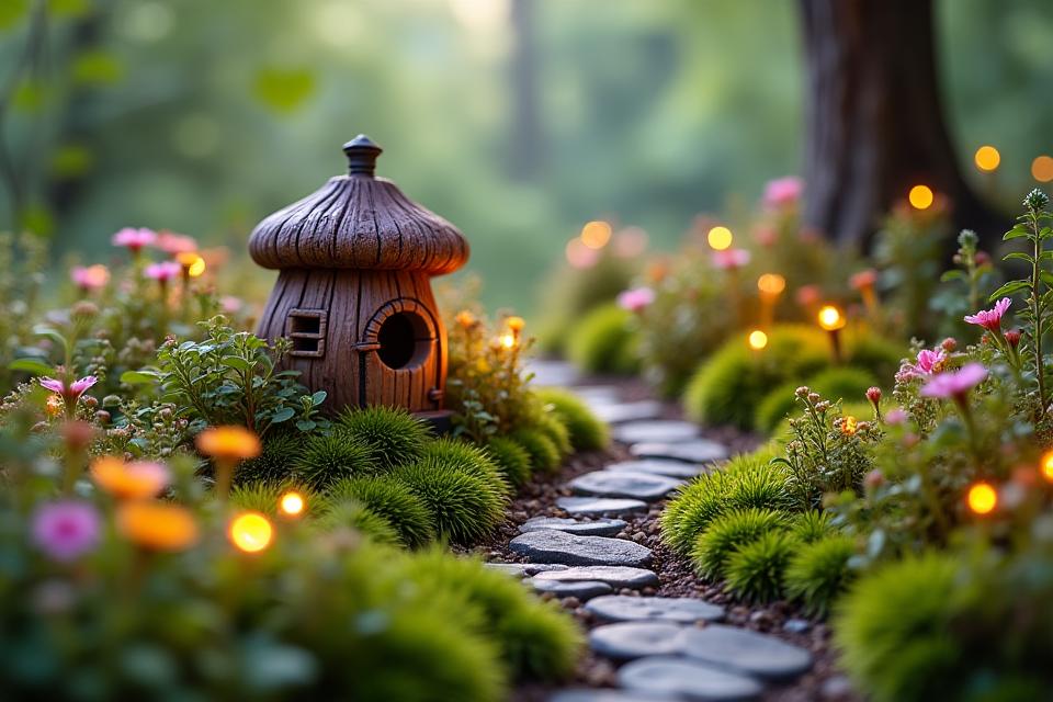 A vibrant miniature fairy garden with tiny glowing lights, whimsical toadstools, and delicate floral arrangements.